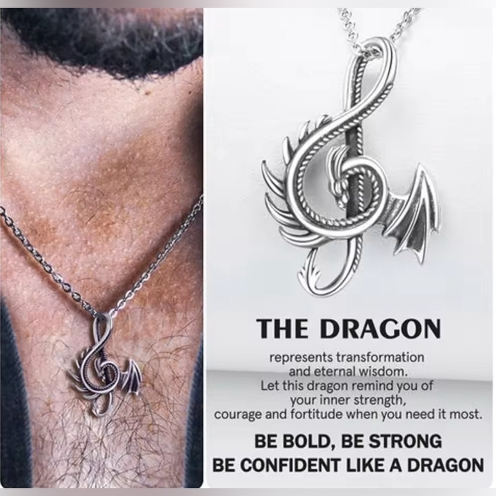 18K White Gold Unisex Dragon Treble Clef Music Note Goth Punk Biker Necklace - Picture 2 of 5
